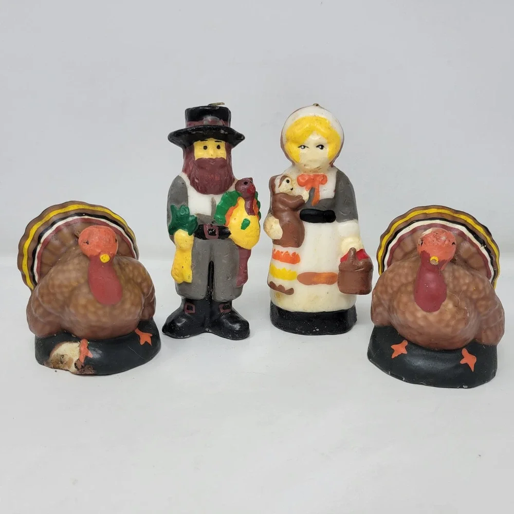 Vintage‎ Thanksgiving Pilgrim Man Woman and Turkey Figural Candle Set of 4